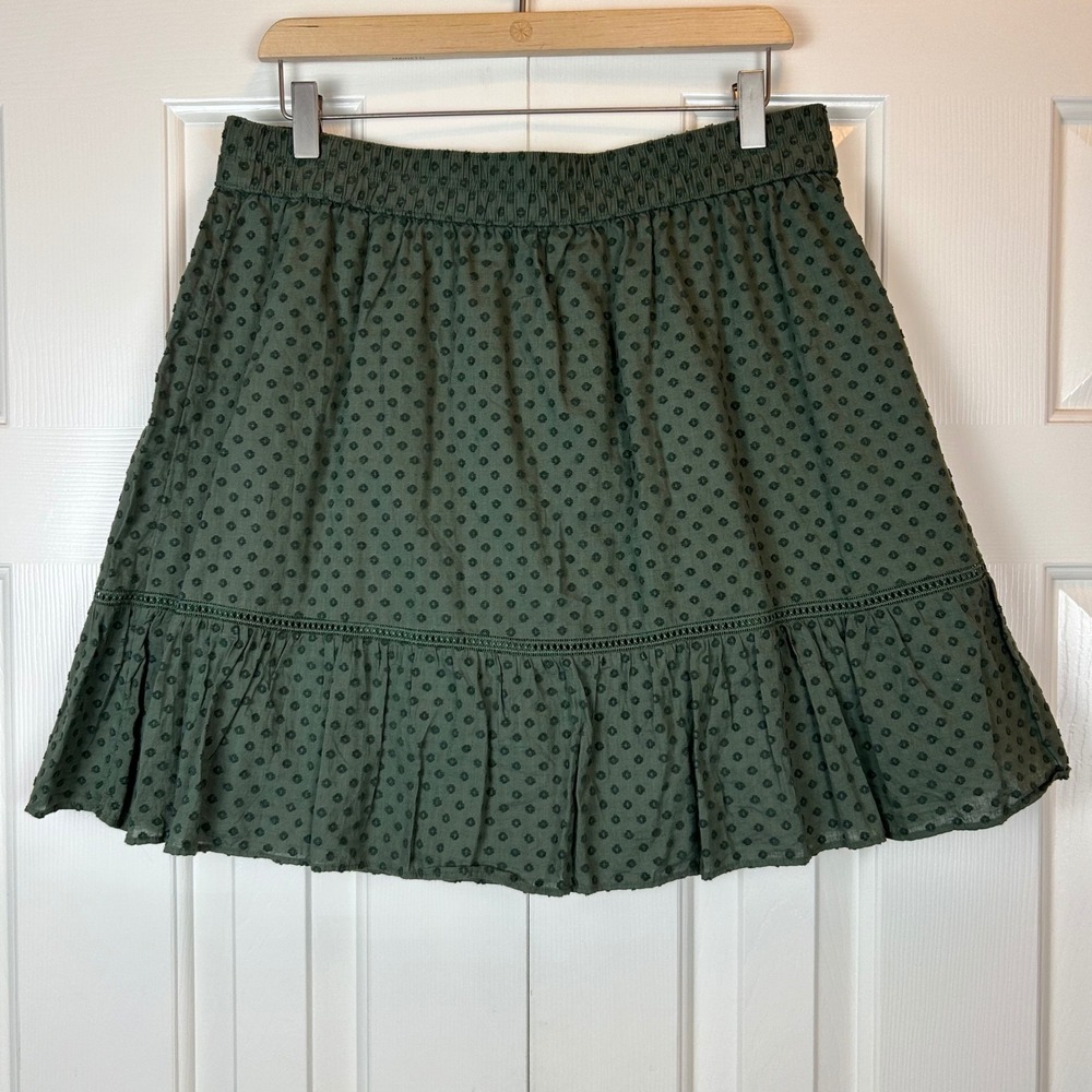 LOFT Green Swiss Dot Cotton Ruffle Mini Skirt Elastic Waist L